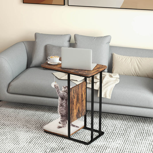 Cat Tree and End Table with Scratching Board and Cushion-Rustic Brown