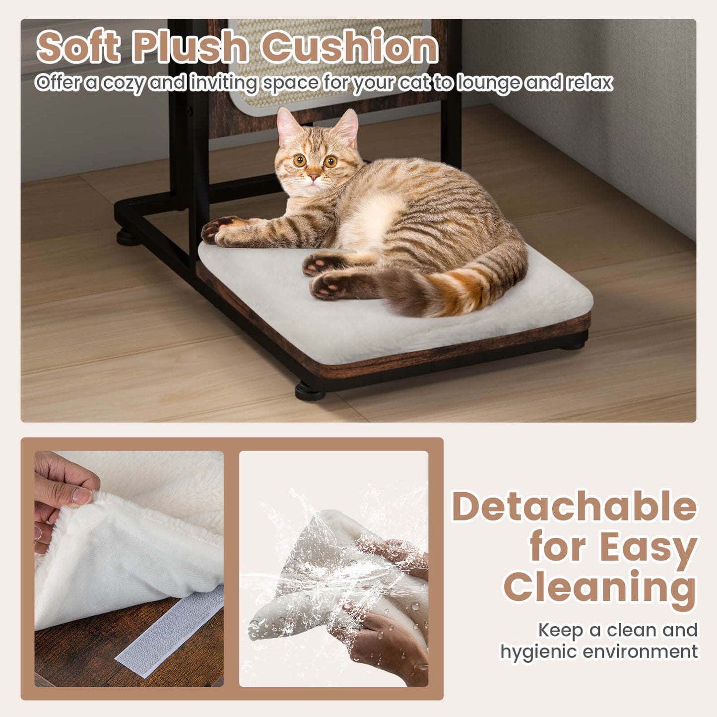 Cat Tree and End Table with Scratching Board and Cushion-Rustic Brown