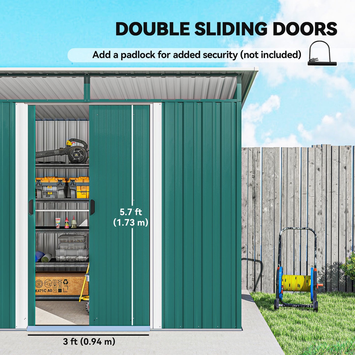 Outsunny 8.5 x 6ft Metal Shed with Lightsky Panels, Garden Storage Tool House with Double Doors for Garden, Patio and Lawn, Green