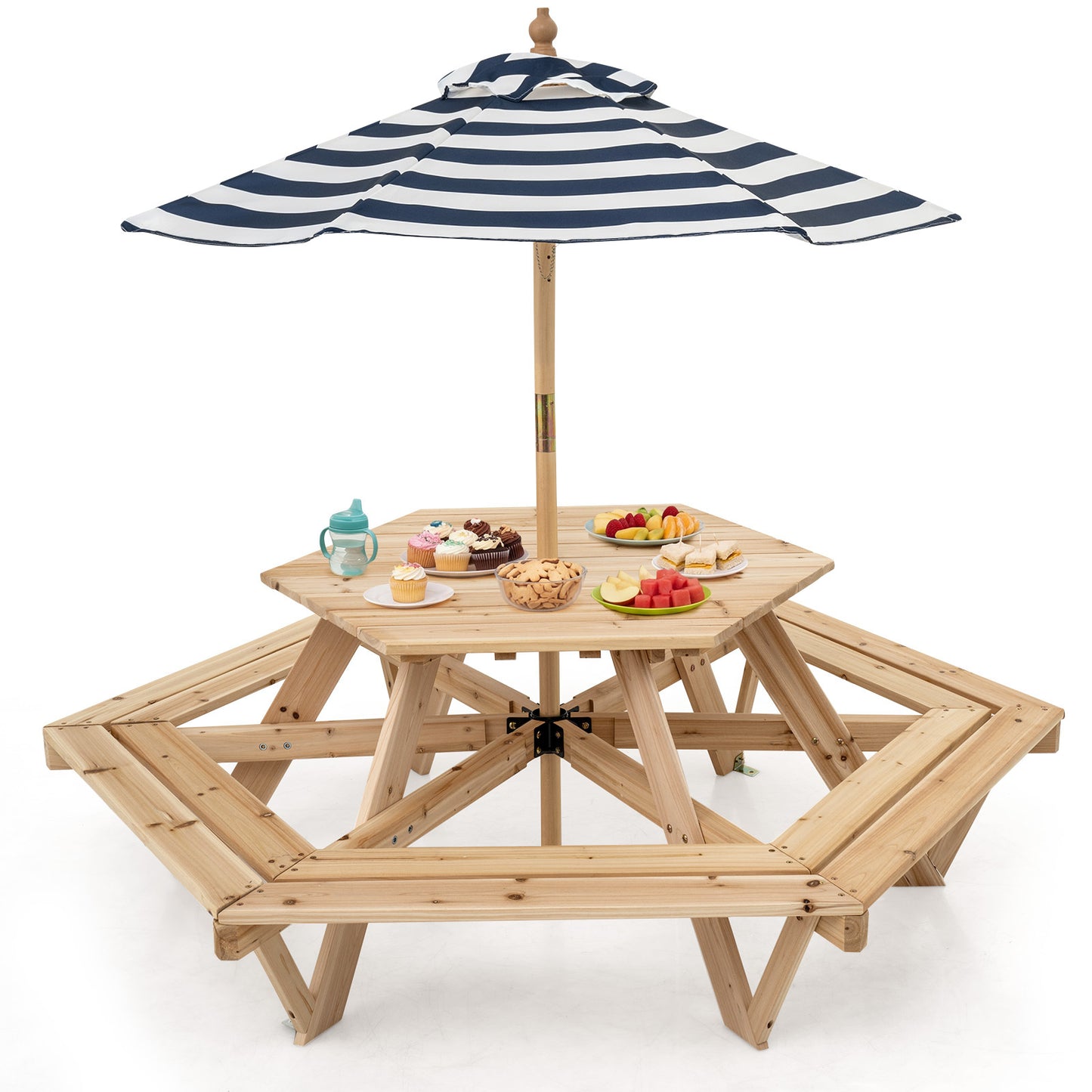 Children Activity Table with Chairs and Umbrella for Backyard or Patio Use-Natural
