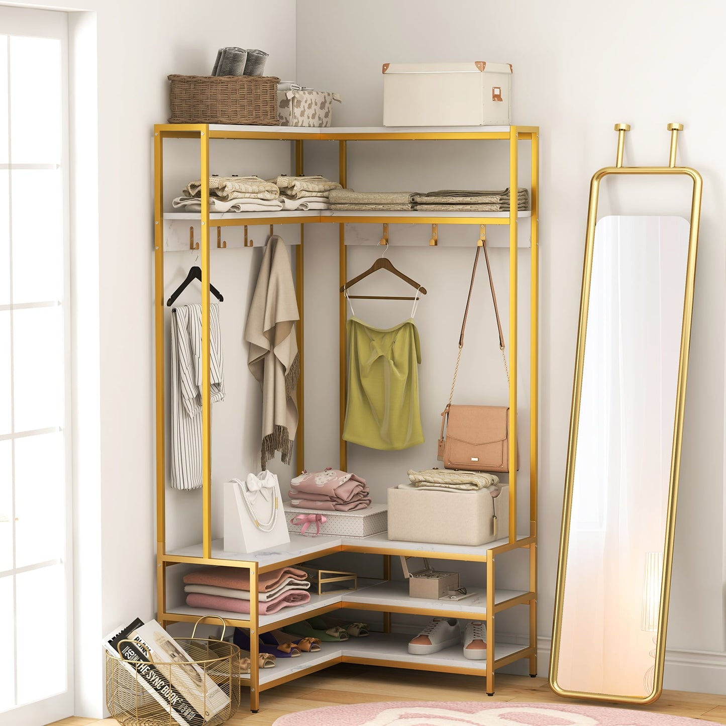 L-shaped Clothes Corner Garment Rack with Open Shelves and 7 Hooks-White