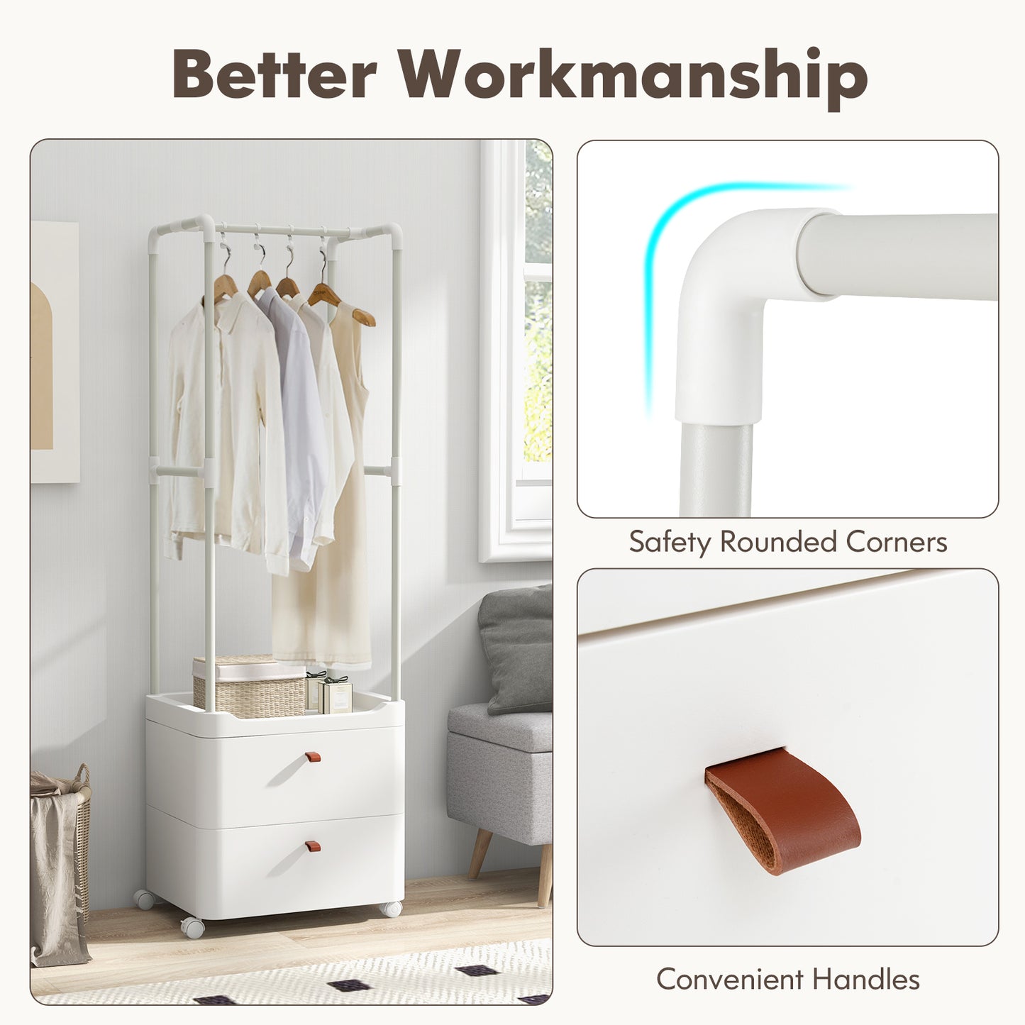 Freestanding Heavy-duty Clothing Stand Dresser with Hanging Rod and Storage Shelves-White