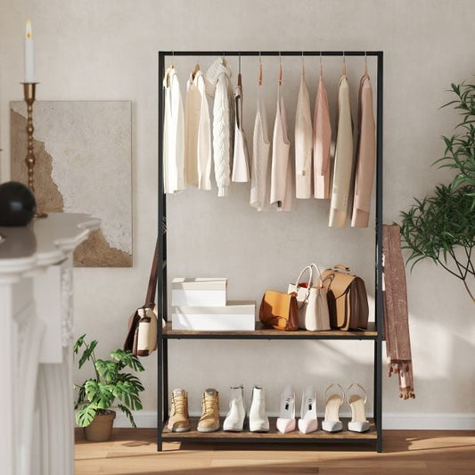 Clothes Rack with 2 Shelves and S Hooks for Laundry-Brown