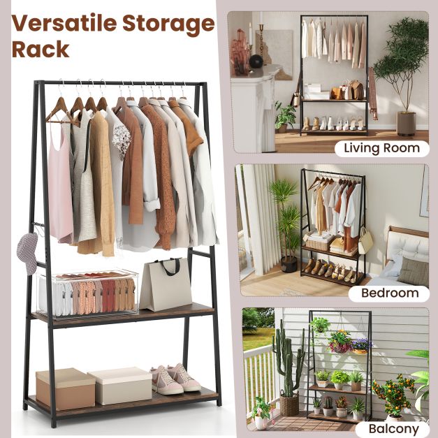 Clothes Rack with 2 Shelves and S Hooks for Laundry-Brown