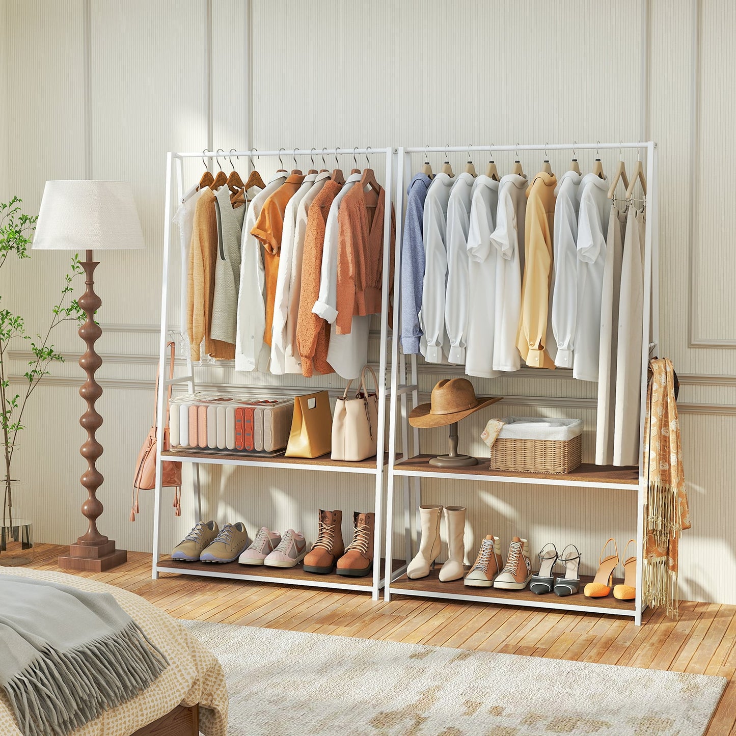 Clothes Rack with 2 Shelves for Laundry Room Bed Room-Natural