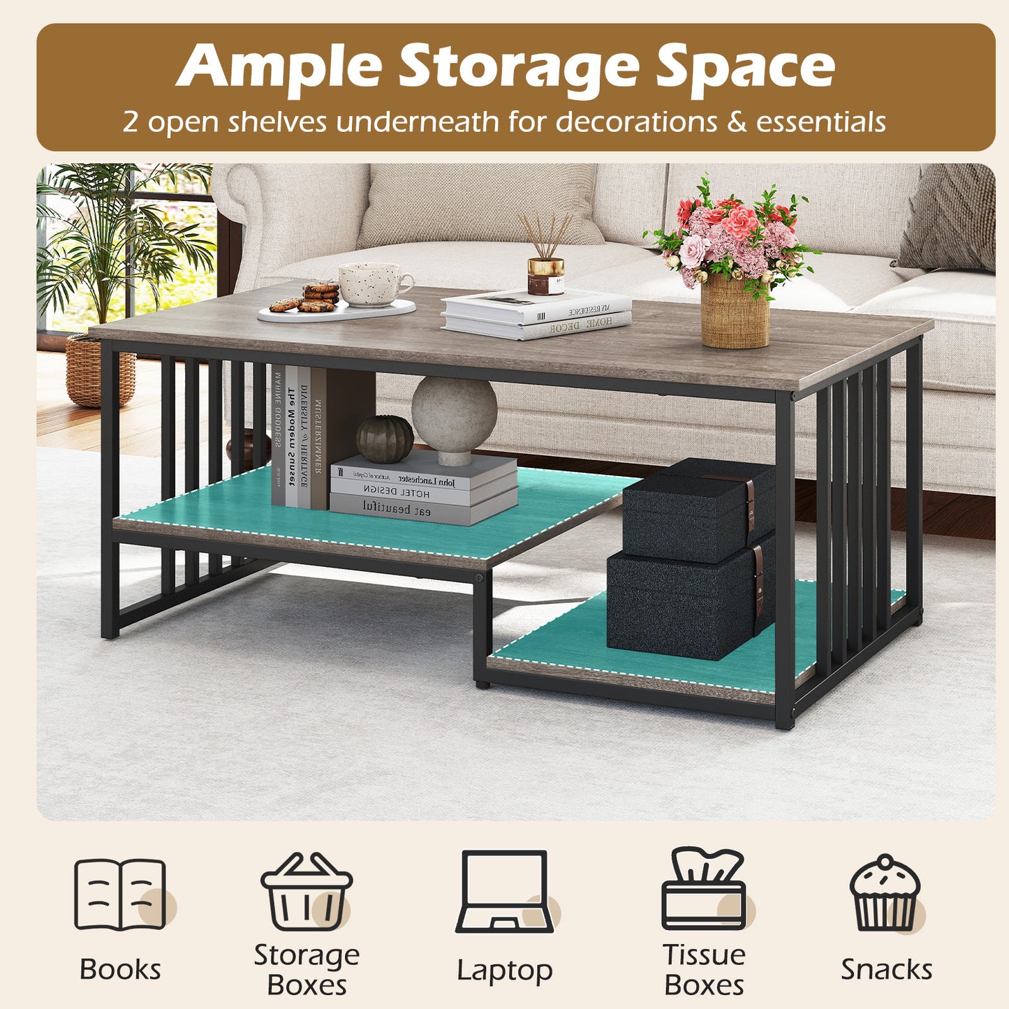Coffee Table Rectangular Center Table with 2 Storage Shelves and Heavy-duty Metal Frame-Grey