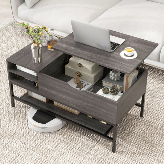 Lift Top Coffee Table with Hidden Compartment and Removable Shelf-Grey