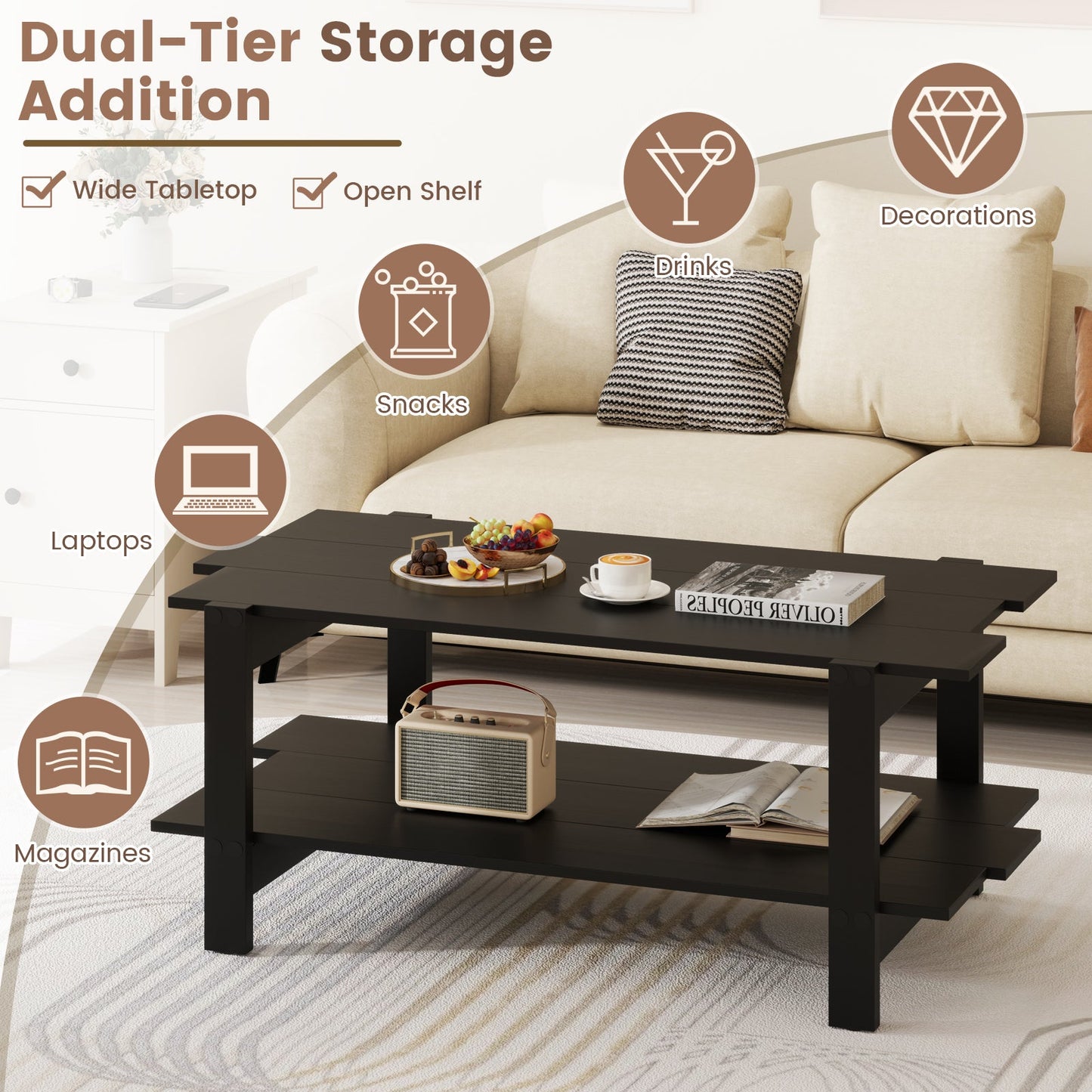 2-Tier Coffee Table Slatted Wood Center Table with Storage Shelf Accent Cocktail Table 120kg Capacity Black