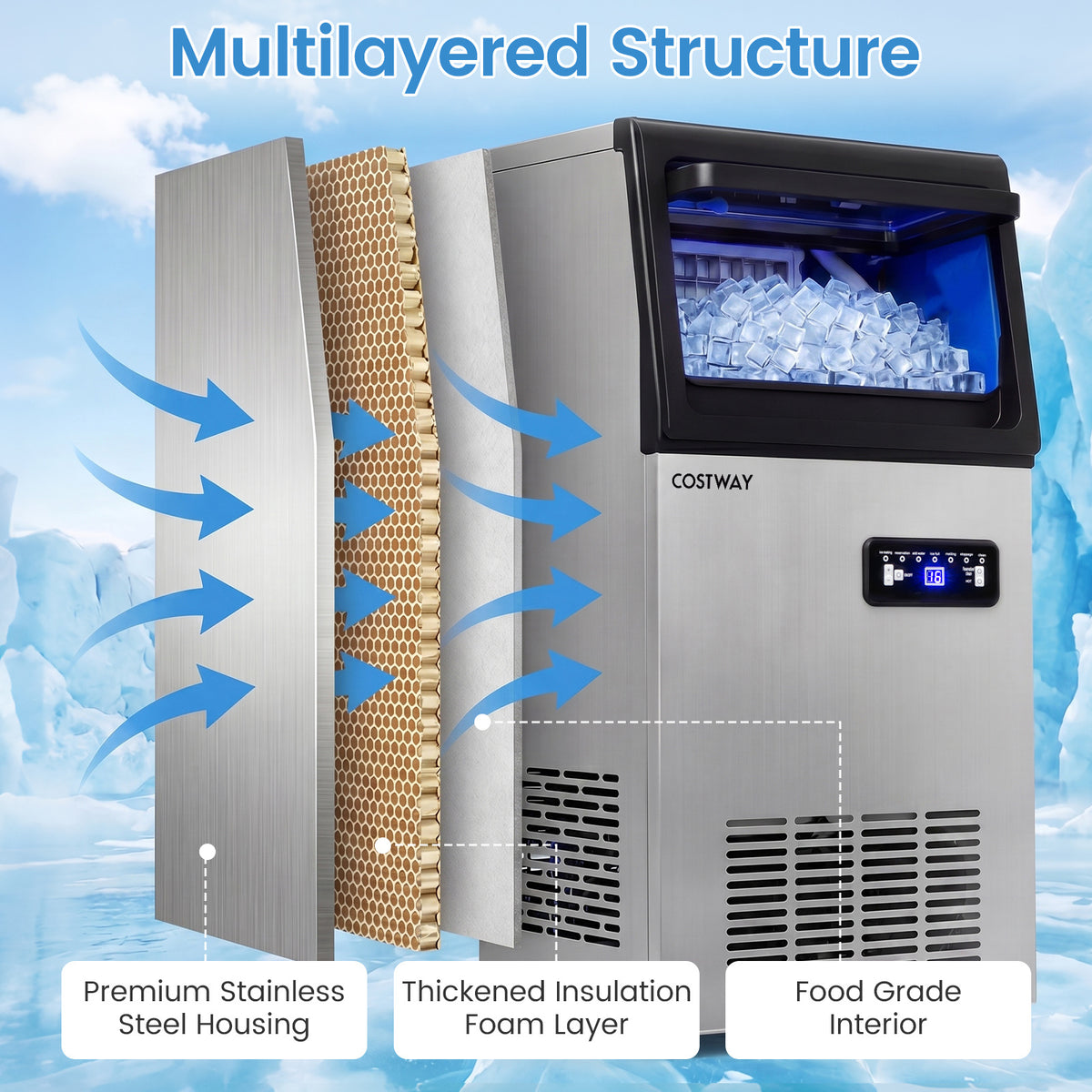 Commercial Ice Maker 50kg/24H with 11kg Storage and Filter Self-Cleaning