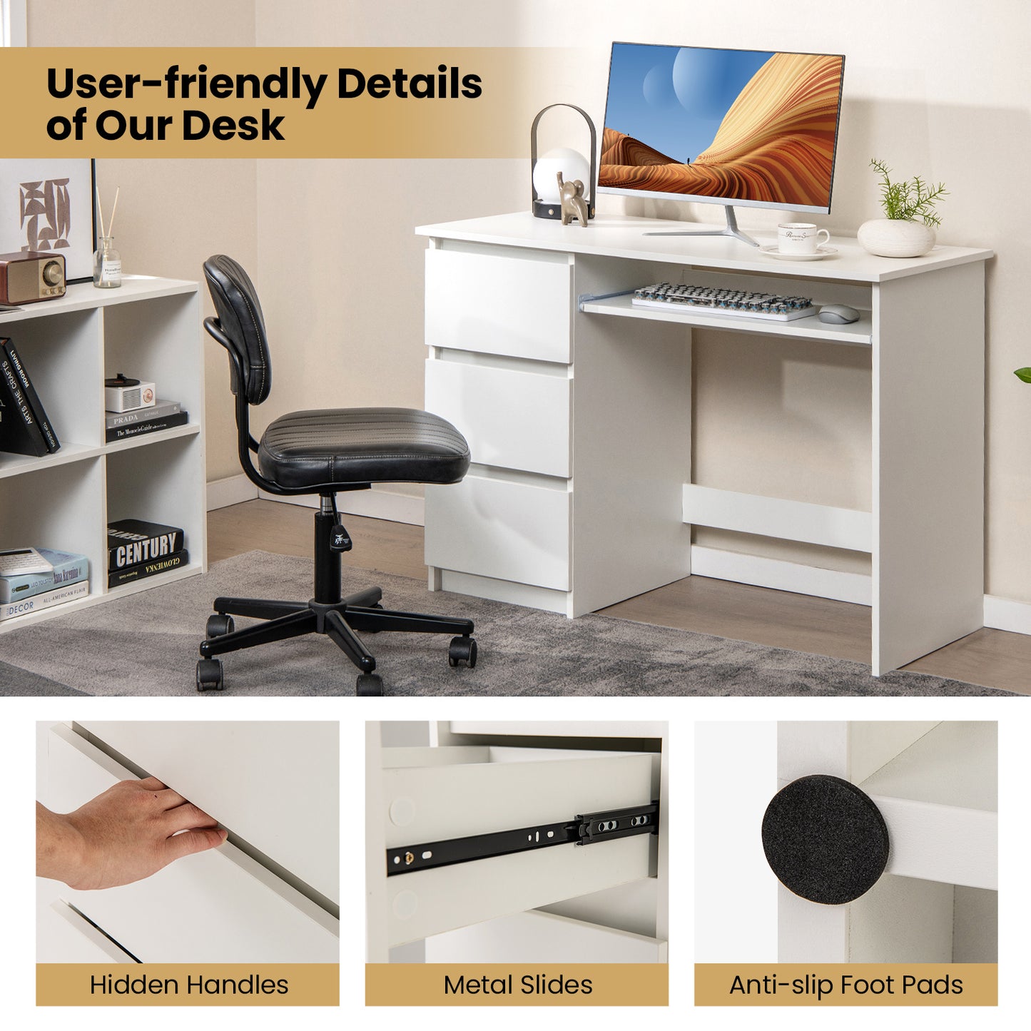 Computer Desk with 3 Large Drawers and Power Outlet-White