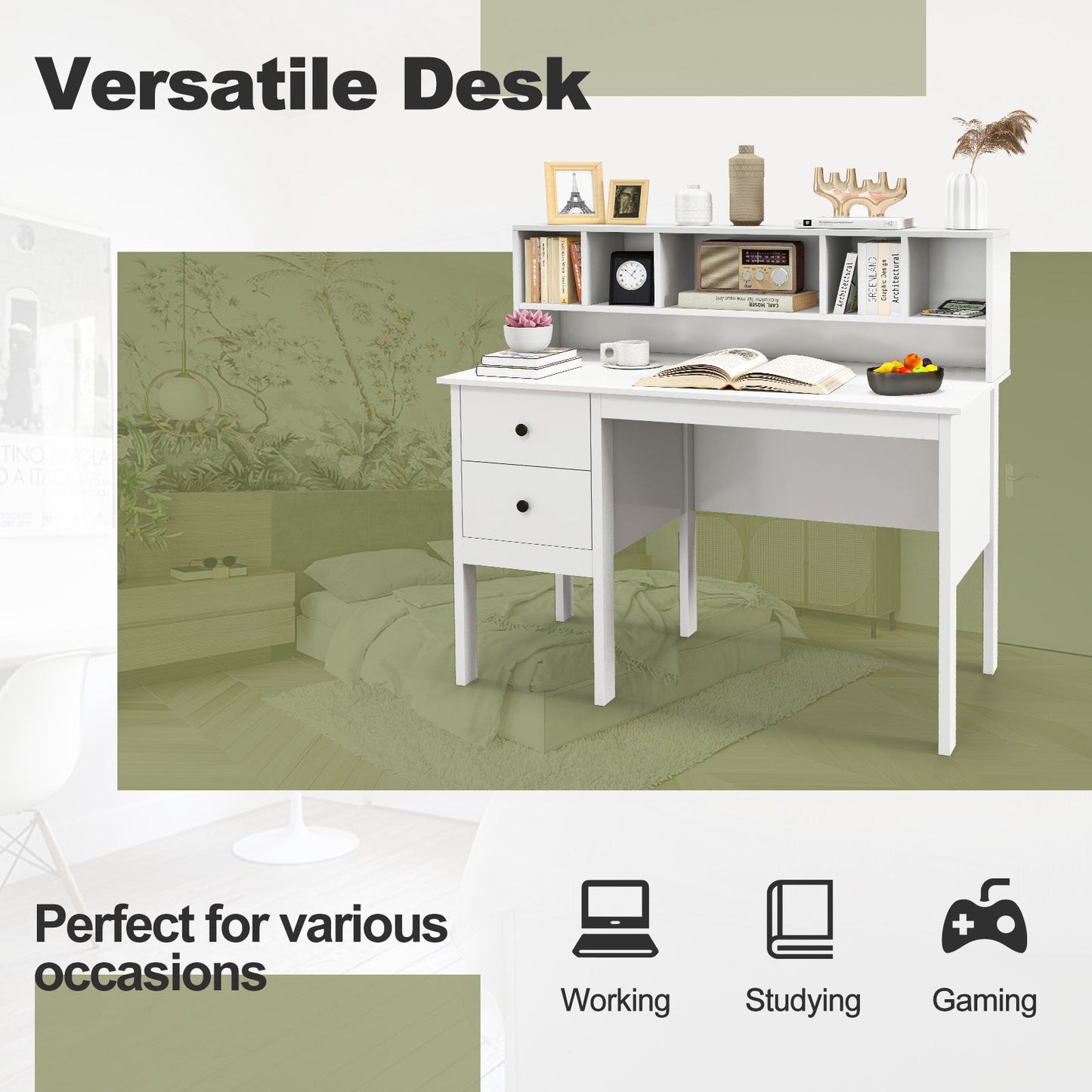120 cm Computer Desk with 5-Cube Hutch and 2 Drawers-White