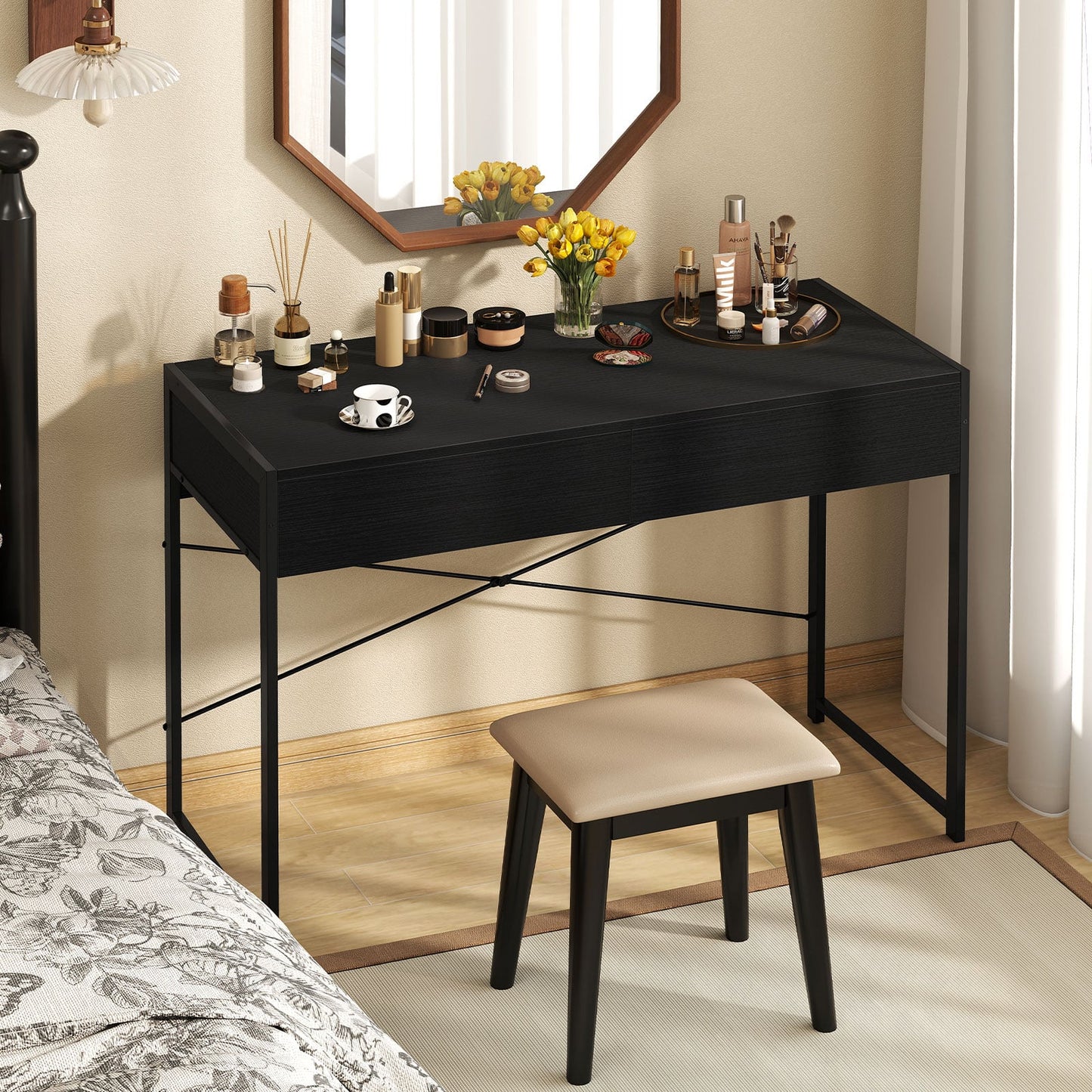 Computer Desk with 2 Drawers Vanity Table with Heavy-Duty Metal Frame-Black