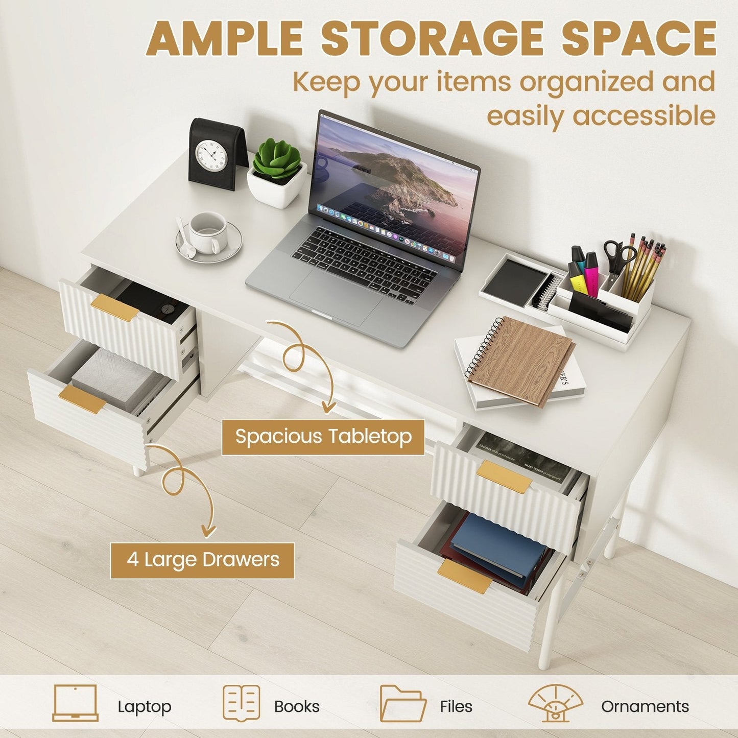 Modern Computer Desk with 4 Drawers and Storage-White