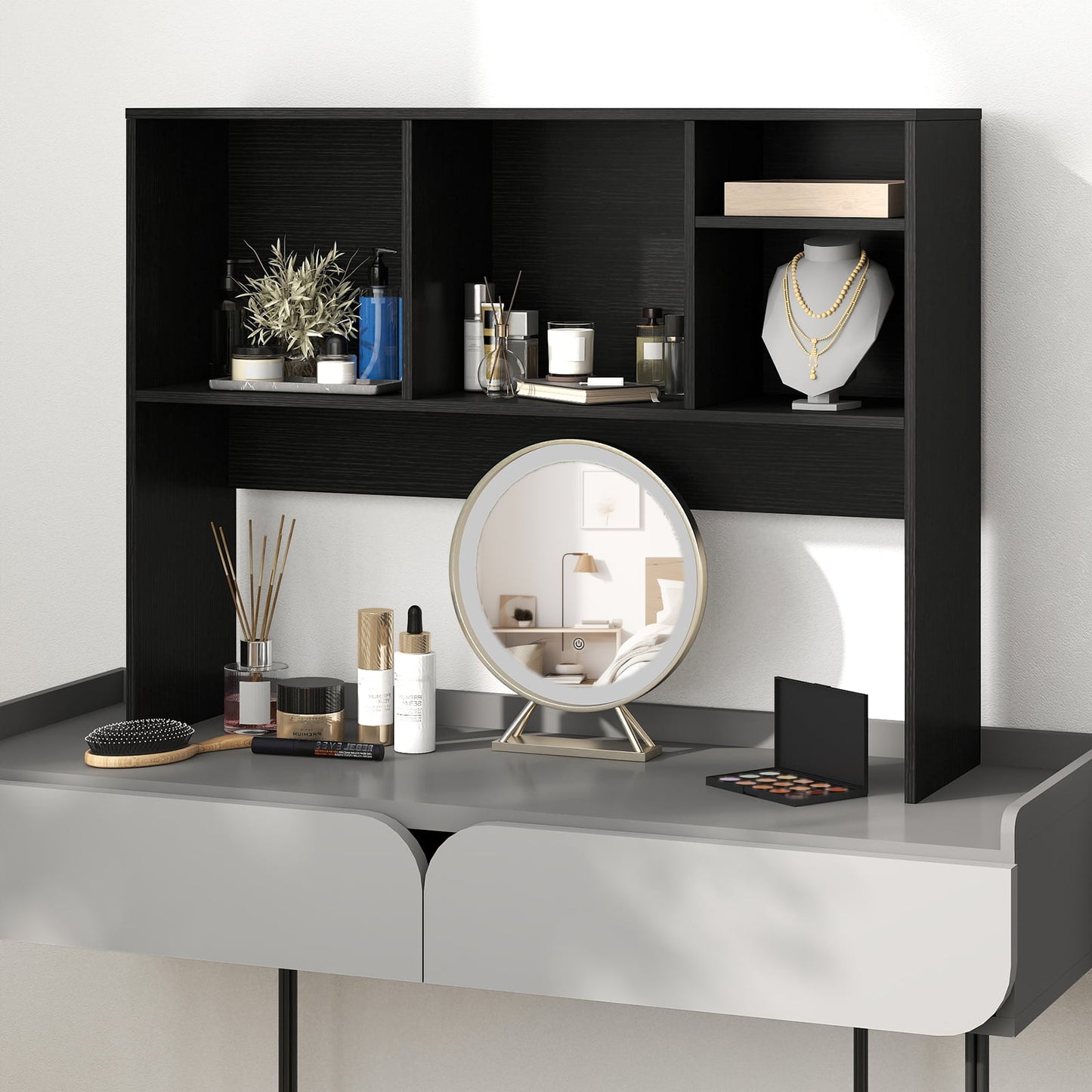 Computer Desktop Bookcase with 4 Cubbies and Open Back Compartment-Black