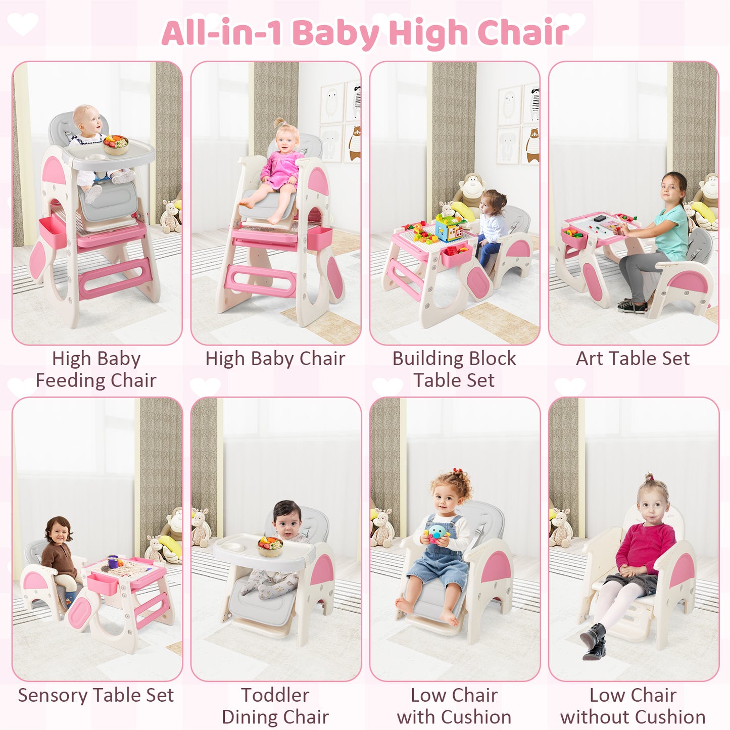 Convertible Baby High Chair with Double-layer Tray and Adjustable Backrest-Pink