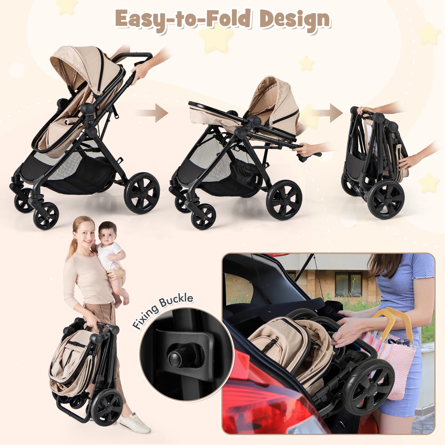 2-in-1 Convertible Baby Stroller with Reversible Seat and Adjustable Canopy-Beige