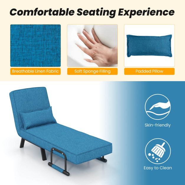 Folding 6 Position Convertible Sleeper Bed Armchair Lounge Couch with Pillow-Blue