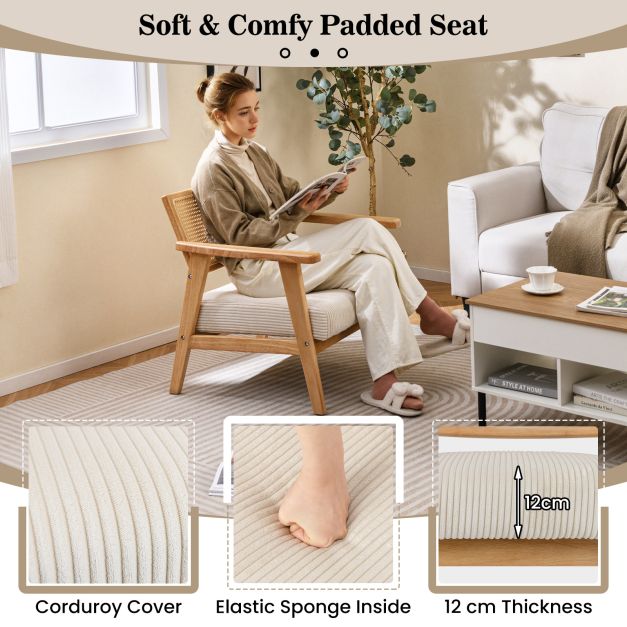 Corduroy Accent Chair with Upholstered Seat and Rattan Back-Natural