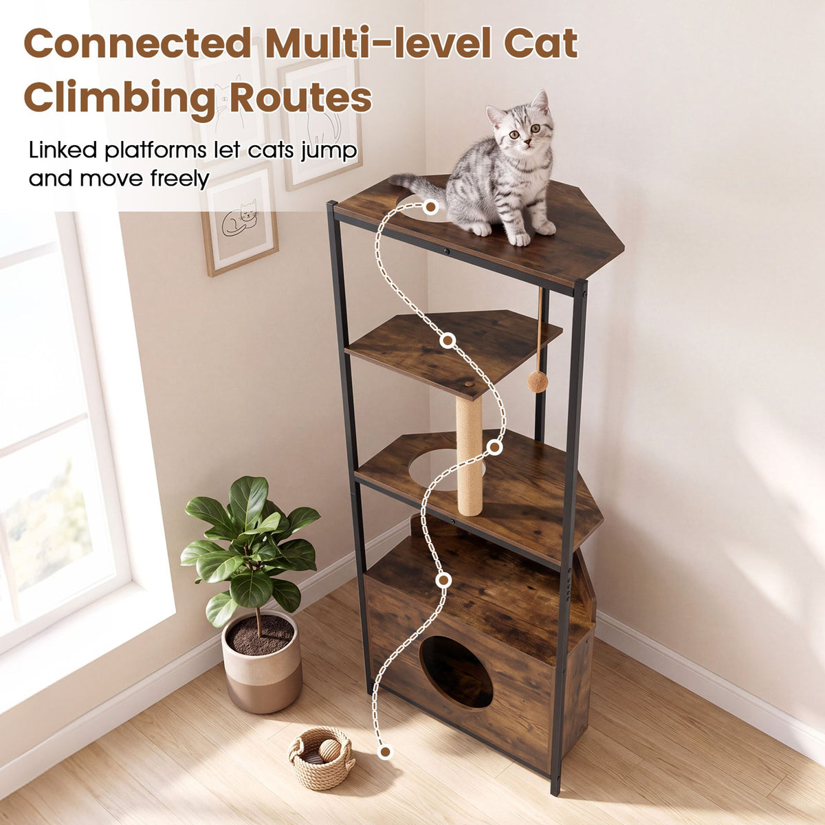Corner Cat Tree with Scratching Post Playing Ball and Through-hole Design-Rusticbrown