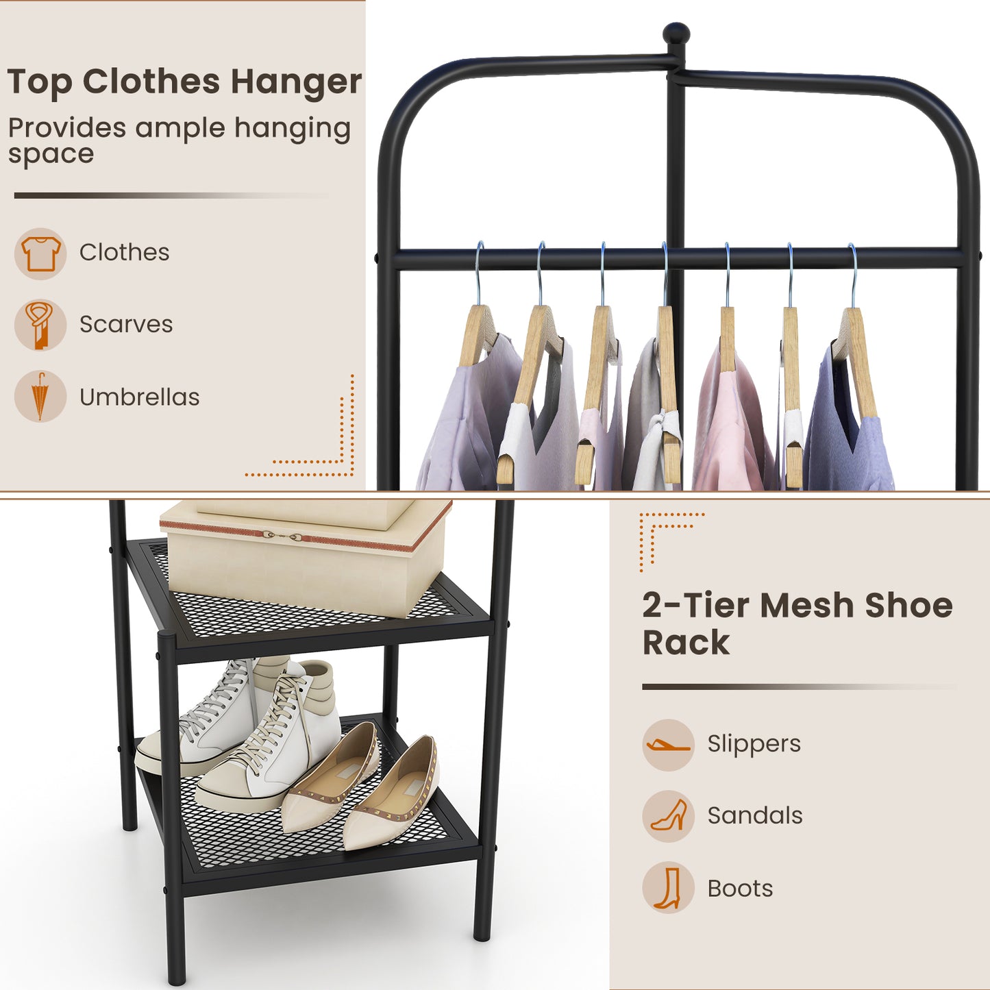 Corner Coat Rack with Shelves and Top Hanger-Black
