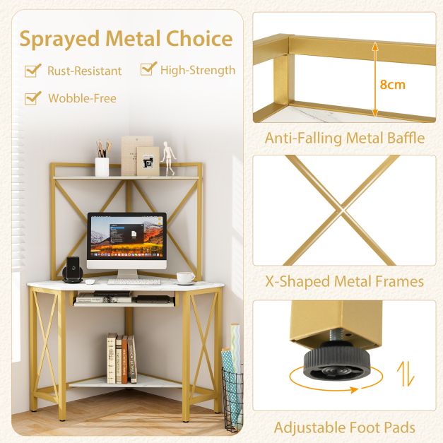 Corner Computer Desk with Hutch Storage Shelves and Keyboard Tray-White