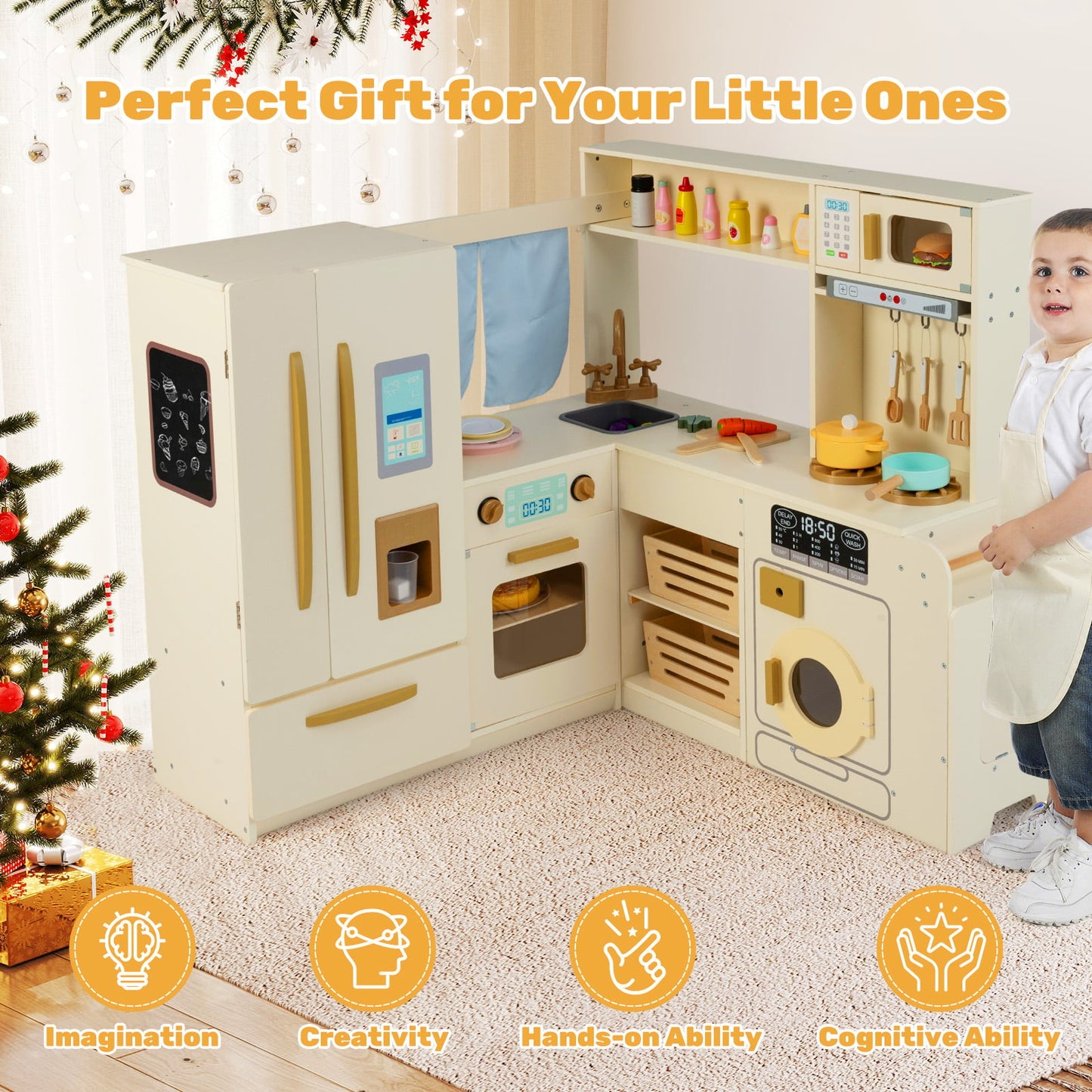 Corner Kitchen Playset with Large Fridge for Toddlers 3+ Years Old-Beige