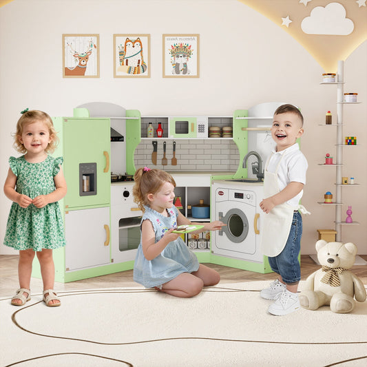 Wooden Corner Play Kitchen with Sounds and Lights-Green