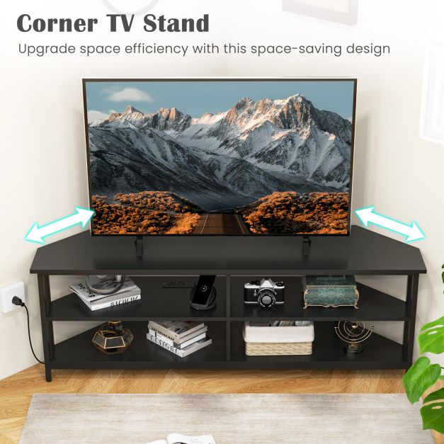 Corner TV Stand with AC Outlets and Storage Shelves-Black