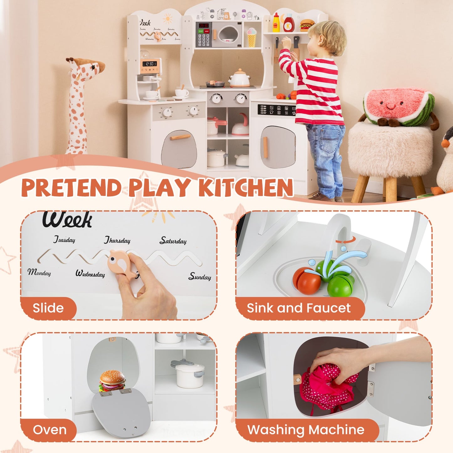 Kids Corner Wooden Play Kitchen with Coffee Machine Slide Microwave-White