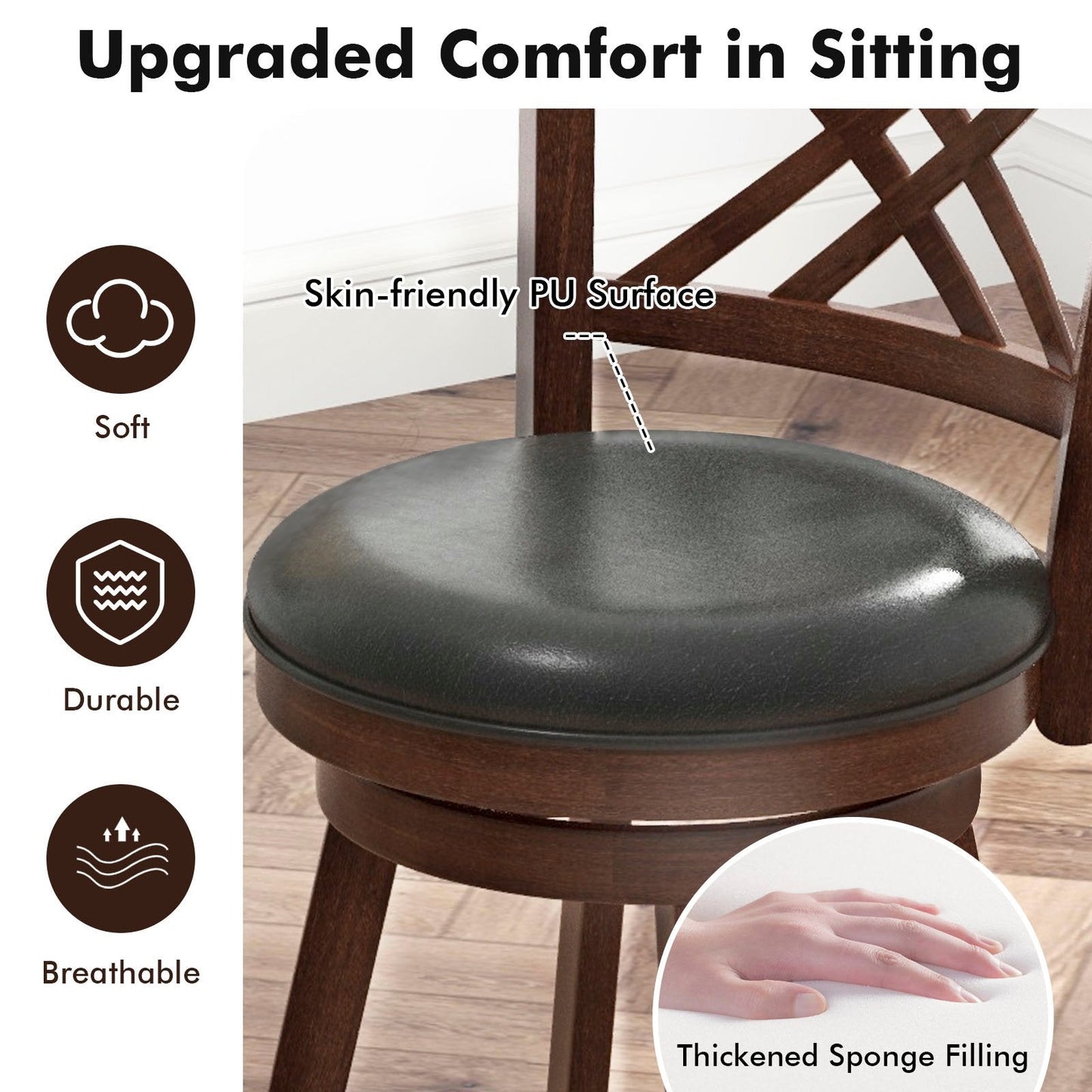 Upholstered Counter Height Barstools with PU Surface and Rubber Wood Frame-29 Inches