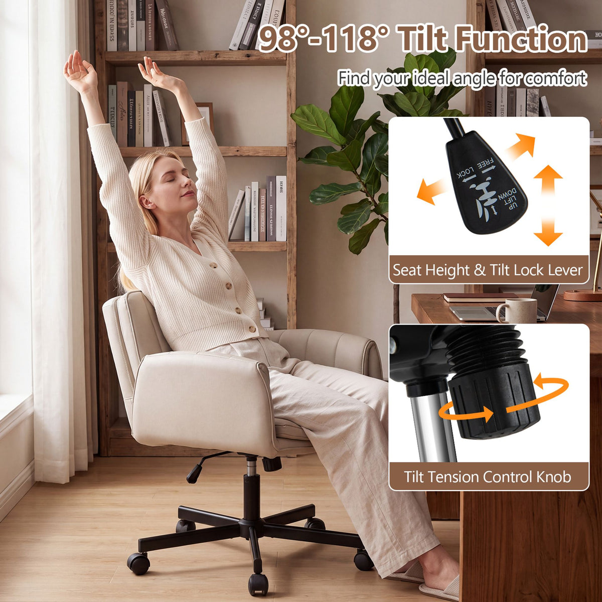Criss Cross Office Chair with 6-Level Adjustable Arms and Wheels for Home Office-Beige