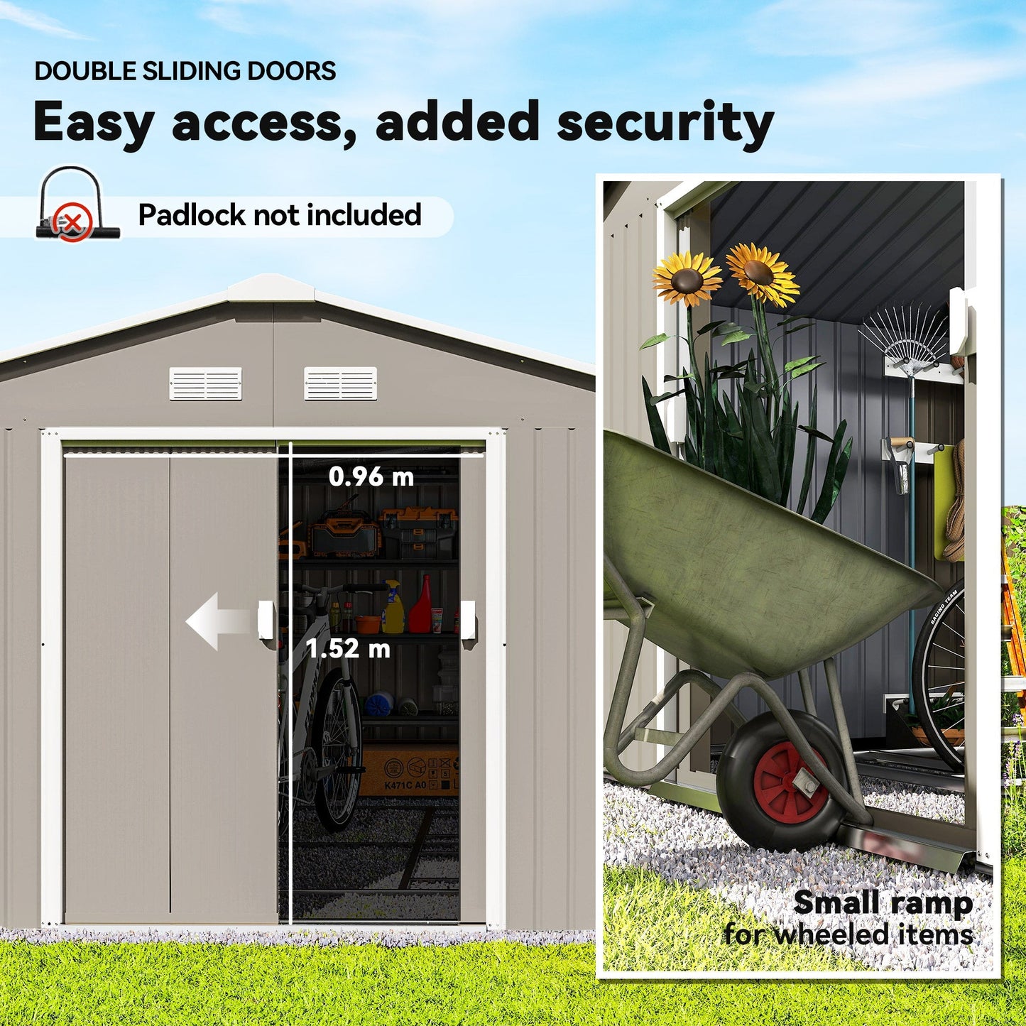 Outsunny 13 x 11ft Large Garden Shed, Mental Garden Storage Shed with Foundation Kit Ventilation & Doors, Light Grey