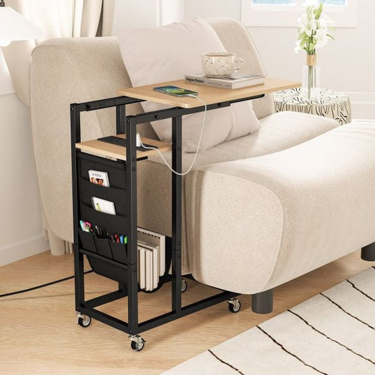 C-shaped End Table Rolling with Charging Station and Retractable Tabletop-Natural