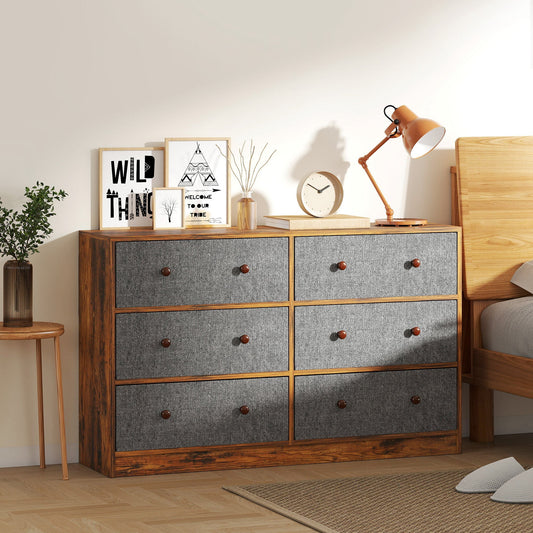 HOMCOM Chest of Drawers, Dresser with 6 Fabric Drawers - Grey and Rustic Brown