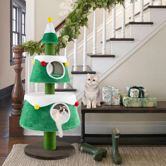 Cute Cat Tower Christmas Cat Tree for Indoor Cats with 2 Condos-Green