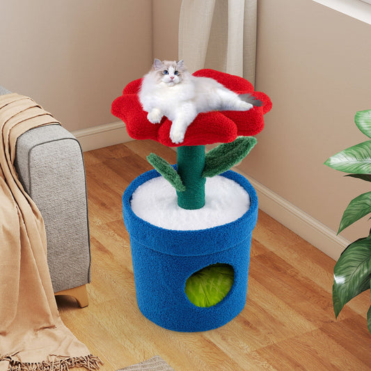 Cute Cat Tree for Indoor Cats with Flower Padded Perch and Planter Condo-Red