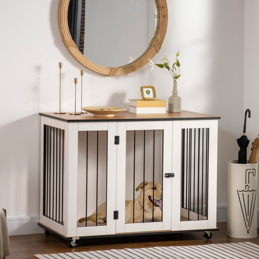 PawHut Dog Crate Furniture, Dog Cage End Table, with Wheels, for Large Dogs, 106 x 60 x 82 cm - White