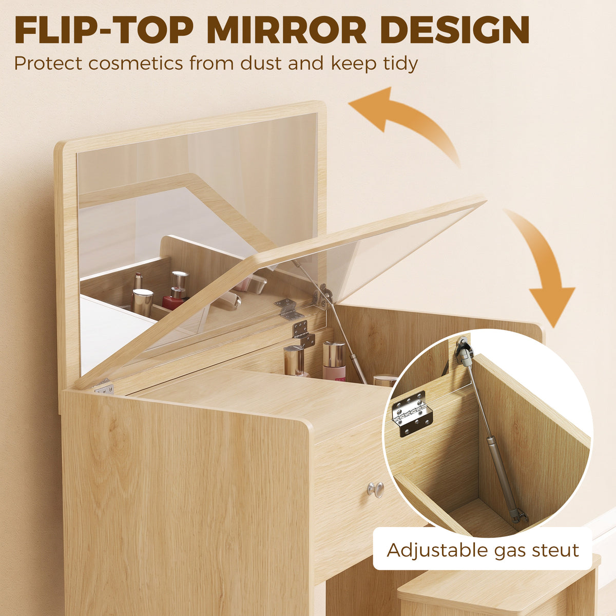 HOMCOM Vanity Desk with Mirror Dressing Table Drawer Set 6 Compartments Storage Stool White and Oak