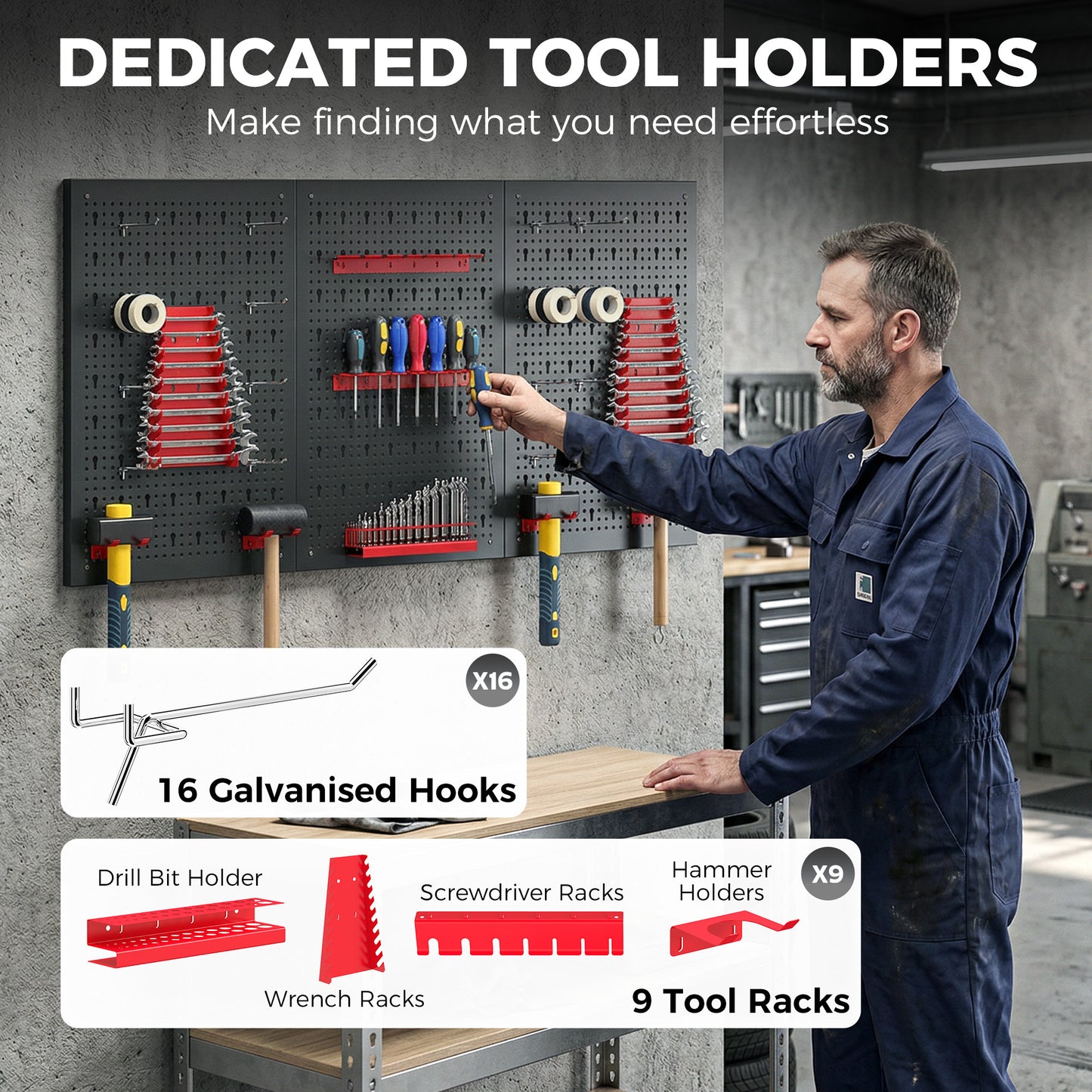 HOMCOM 28 Pcs Wall-Mounted Pegboard with 3 Boards, Garage Tool Storage Unit Black and Red