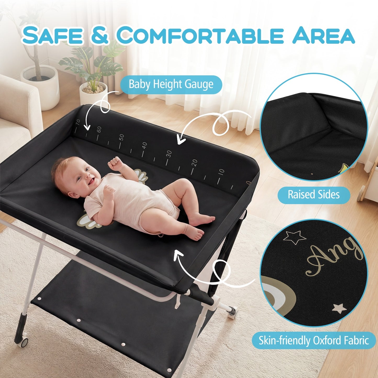 Diaper Changing Station with 3 Position Adjustable Level and 4 Universal Wheels-Black