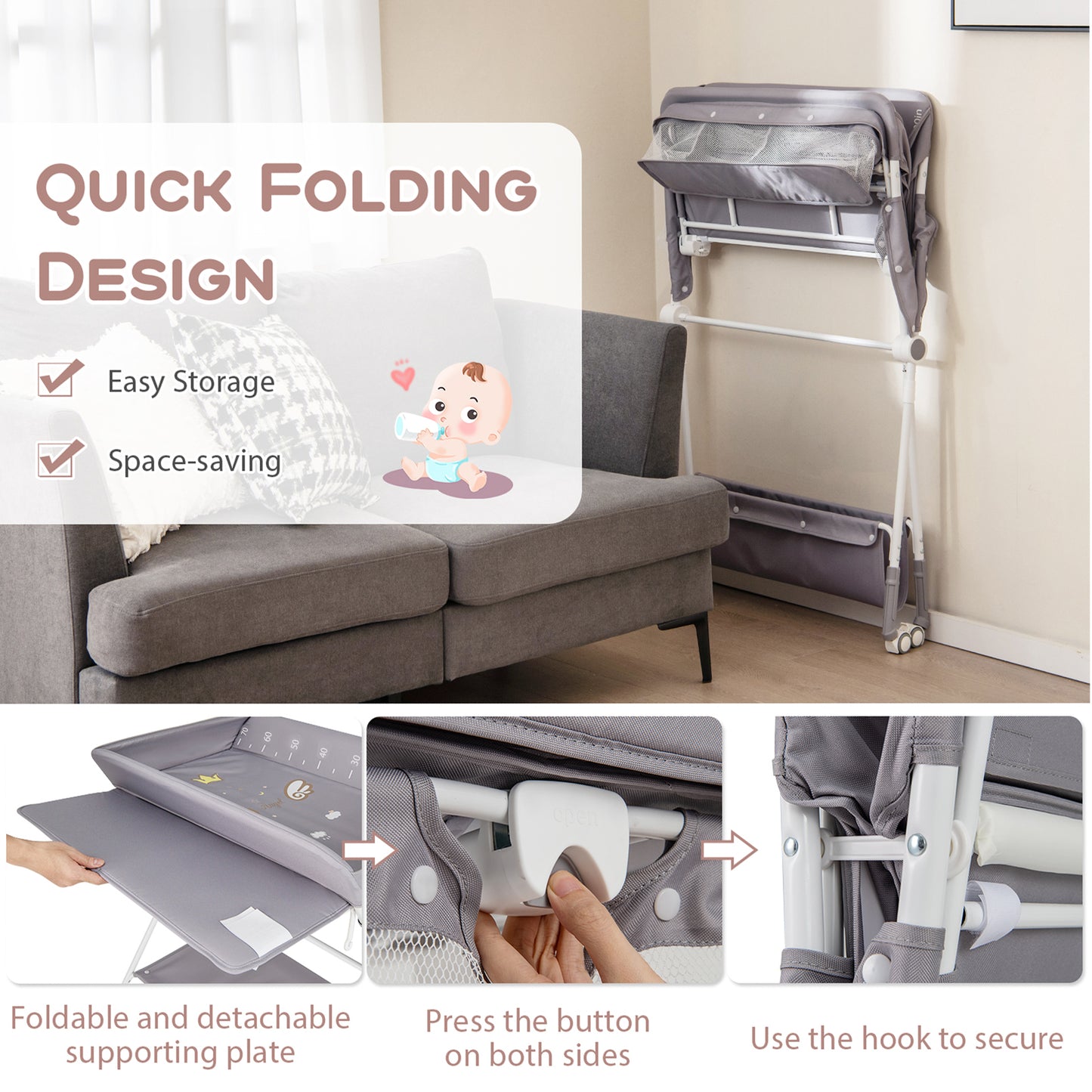 Diaper Changing Station with 3 Position Adjustable Level and 4 Universal Wheels-Grey