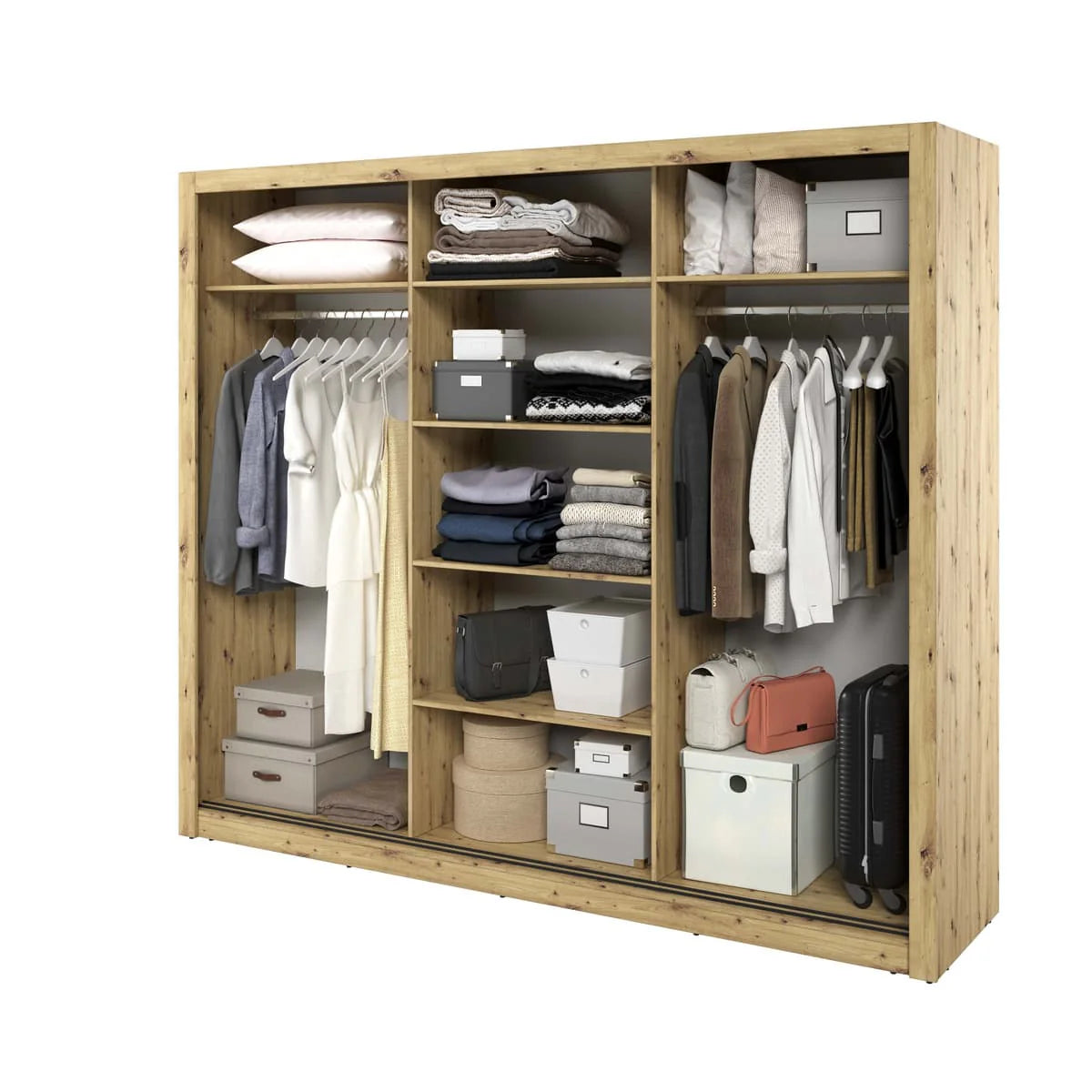 Wooden wardrobe with clothes and storage boxes on a white background