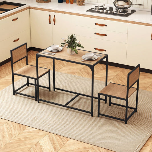 3 Piece Dining Table Set with Metal Frame and Low Back-Natural