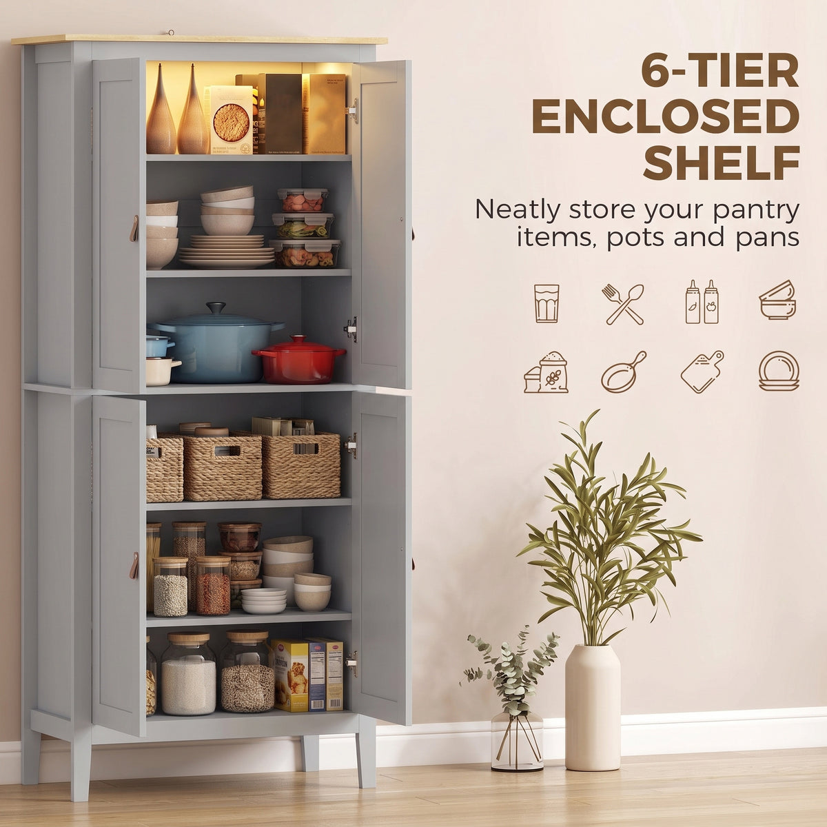 HOMCOM Tall Pantry Cupboard with Motion Sensor LED Light - Grey