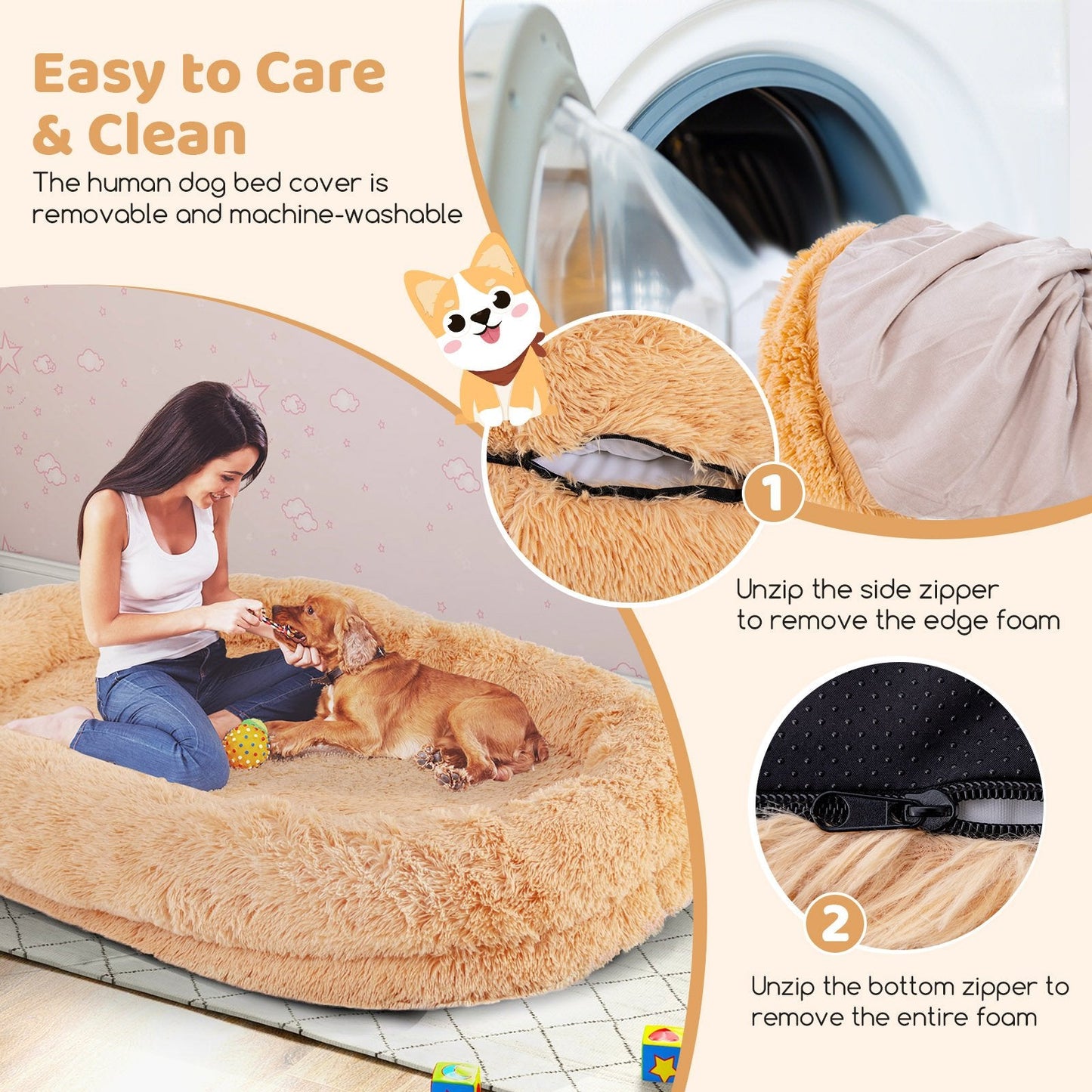 Human Dog Bed with Soft Blanket and Present Plump Pillow-Brown
