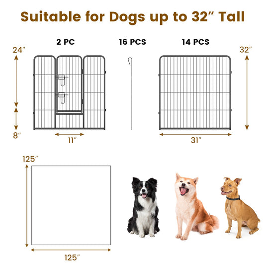 16 Panel 80cm Height Pen Fence with Lock and Large Door-Black