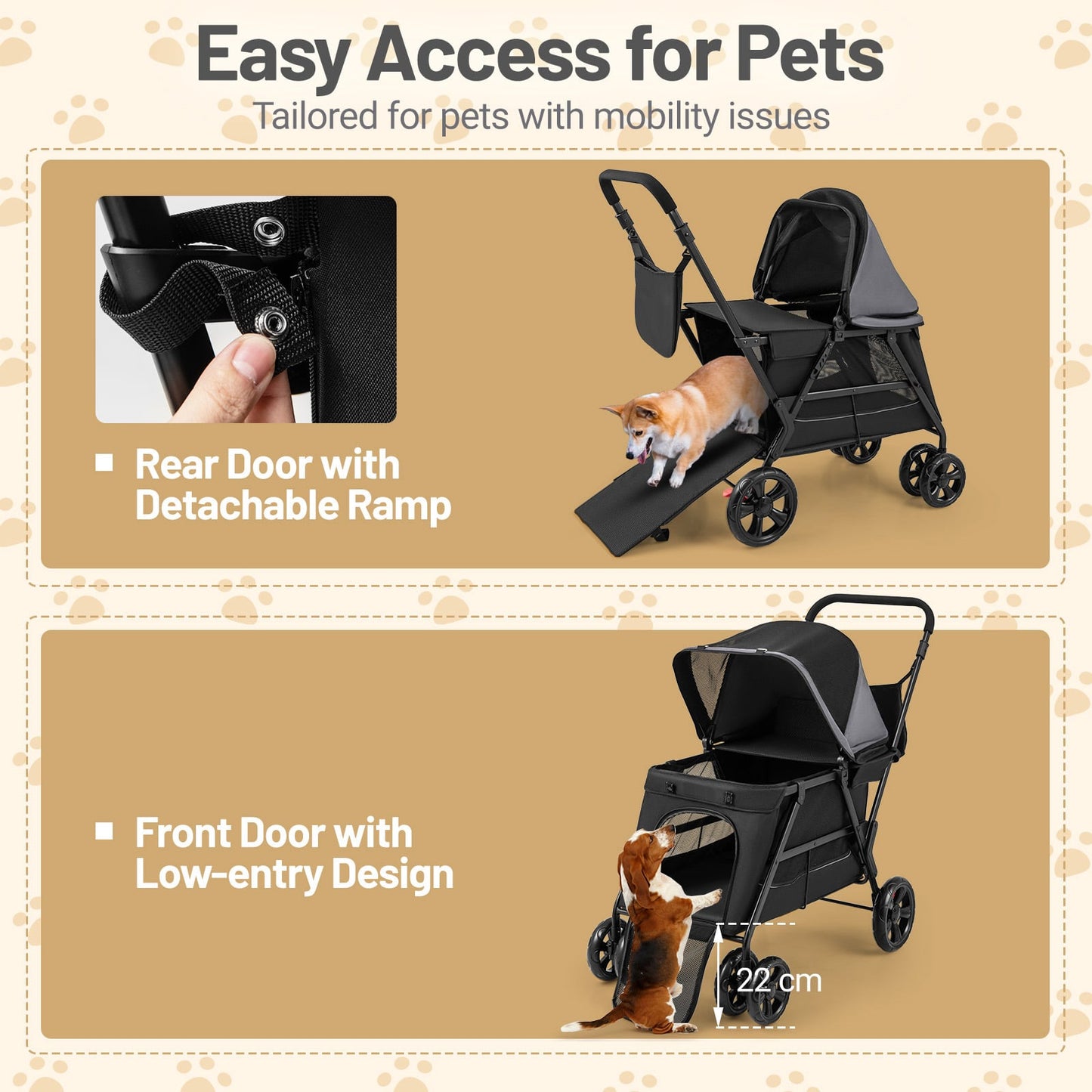 Dog Stroller Wagon with Dual Entry for Medium Small Senior Elderly Dogs-Black & Grey