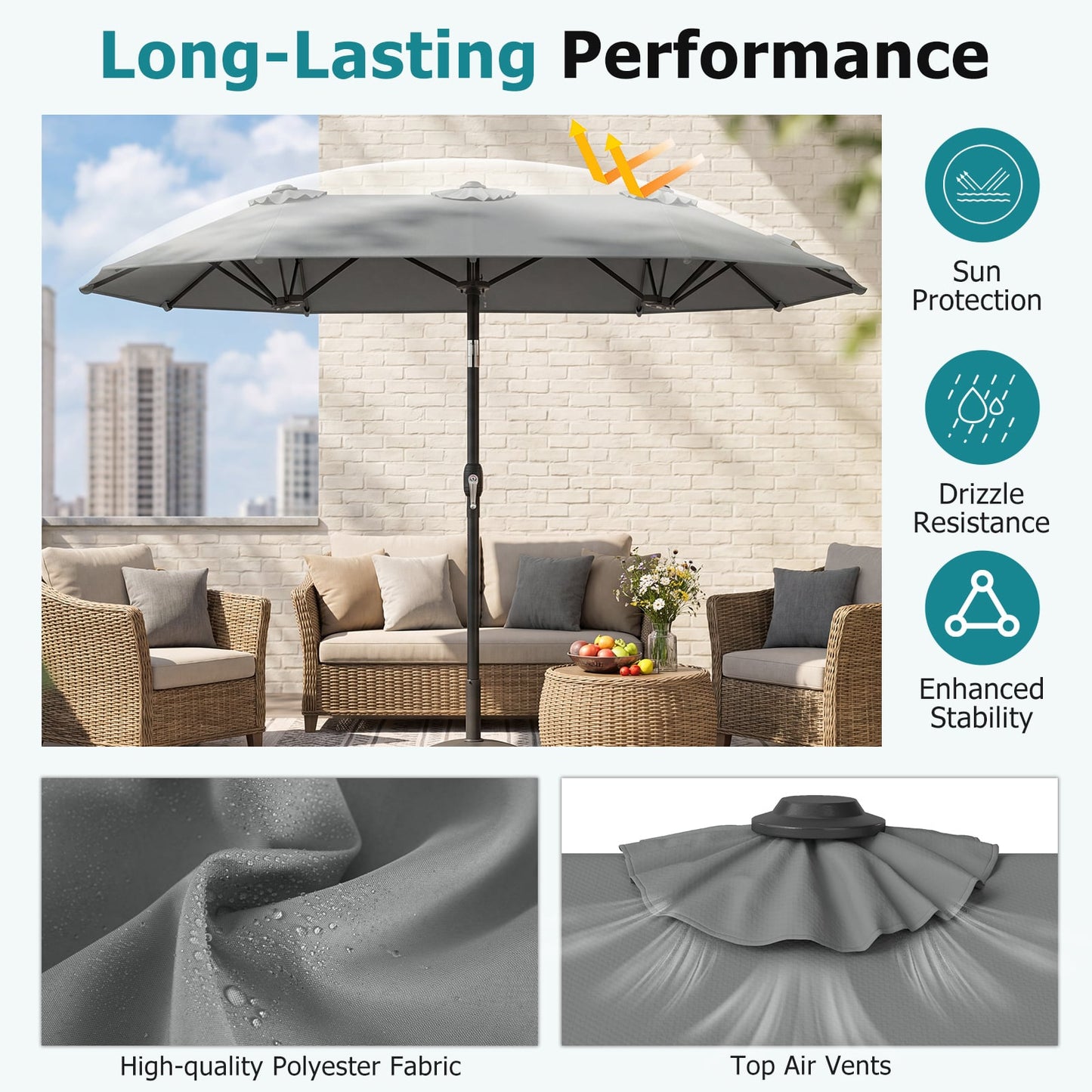 Double-Sided Patio Umbrella with Push Button Tilt and Crank and 12 Ribs-Grey
