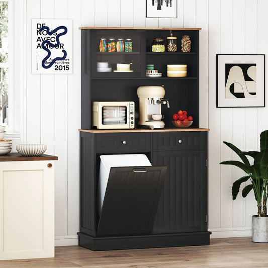 Double Tilt Out Trash Cabinet with Rubber Wood Countertop for Kitchen Dining Room-Black