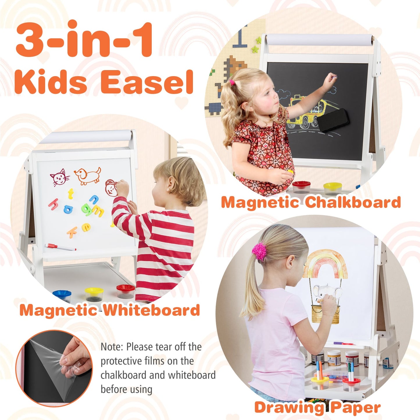 Double-sided Kids Easel with Magnetic Whiteboard and Chalkboard-White